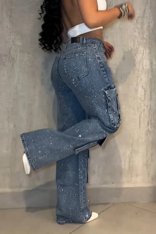Casual Cargo Pocket Rhinestone Washed Wide Leg Jeans (Pack of 2)