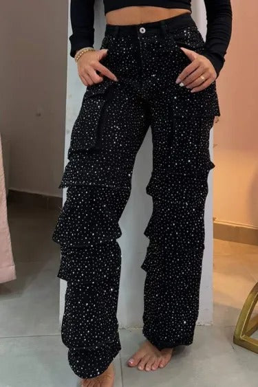 Casual Cargo Pocket Rhinestone Washed Wide Leg Jeans (Pack of 2)